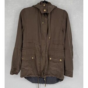 Market & Spruce Jacket Womens Medium Brown Lyocell Hooded Anorak Polka Dot Lined